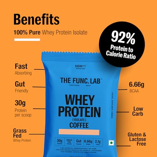 Image of The Func. Lab Whey Protein Isolate - Coffee Travel Packs | (4 * 35g Sachets) Pack of 2 | Grass‑Fed, 30g Protein per Scoop | High Protein Supplement with Digestive Enzymes for better Absorption