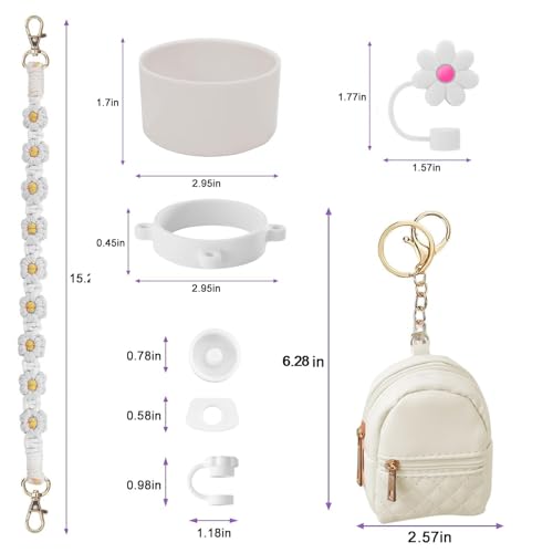 Image of House of Quirk 7 PCS Cup Accessories Set | Tumbler Accessories for 30oz & 40oz | Silicone Boot, Handle Strap, Coin Purse & Straw Covers (White Charms, Tumbler Not Included)