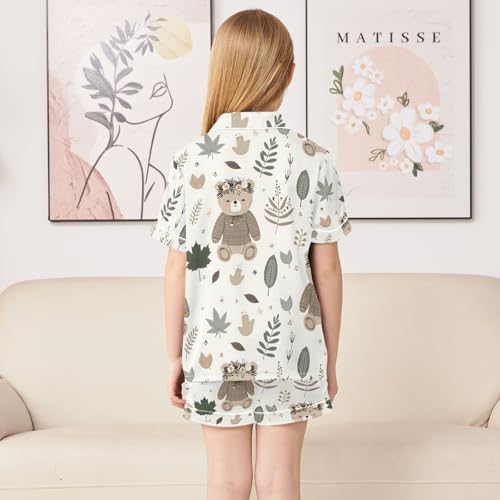 ALAZA Boho Bear Leaf Blossom Pajamas Satin Pajama Set Short Sleeve Button Down Sleepwear4
