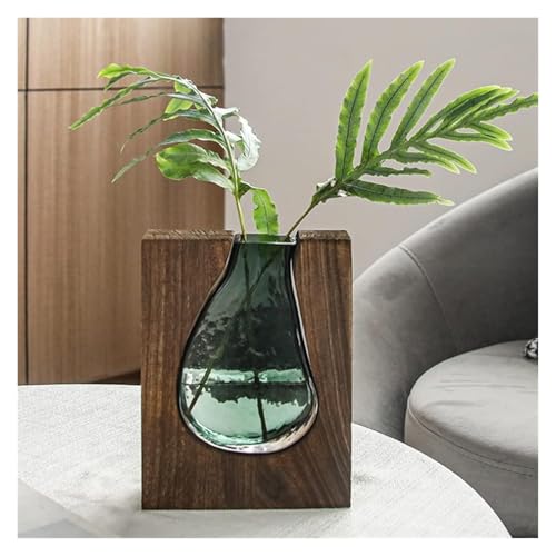 Florero decorativo verde claro, maceta hidropónica con incrustaciones de madera y vidrio para escritorio, elegante arreglo floral y flores artificiales, decoración del hogar (L)