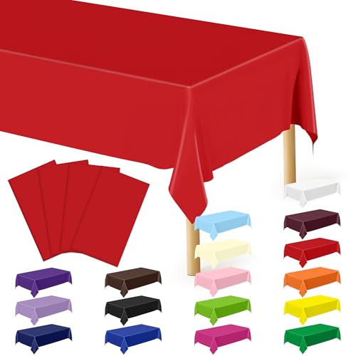 Image of QZYL 4 PCS Picnic Table Cover, 54 x 108 in Rectangle Tablecloth, Red Table Cloth Indoor Outdoor for Baptism Decorations, Waterproof Plastic Tablecloth for Birthday, Wedding and Anniversary