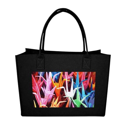 BTCOWZRV Origami Paper Cranes Handbag with Handles, Felt Tote Bag for Unisex, Reusable Shoulder Bags, Shopping Bags Black