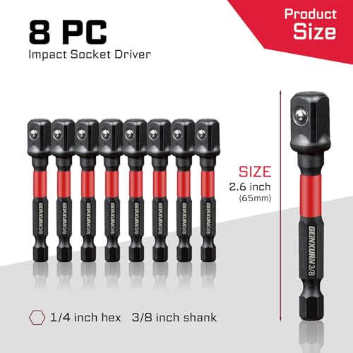 Image of Geinxurn 8Pcs Impact Socket Adapter Set, 3 /8 inch Drive Square, 2.5Inches Extension Bit Socket Driver Set, Adapt Your Power Drill to High Torque Impact Wrench