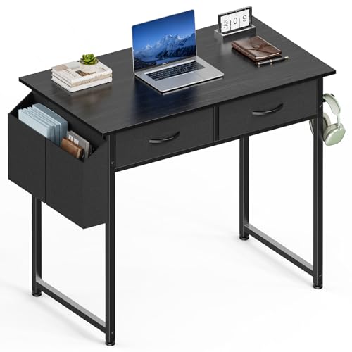 Sweetcrispy Small Desk with Fabric Drawers for Bedroom Home Office, 32 Inch Computer Gaming Desk Writing Study PC Table with Side Bag Headphone Hook Metal Frame Adjustable Feet,Pure Black