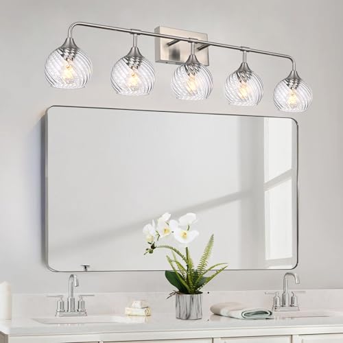 Image of MELUCEE 5-Light Bathroom Lights Over Mirror in Brushed Nickel Finish, Modern Vanity Lights with Clear Striped Swirl Glass Shade Indoor Metal Wall Light Fixtures for Kitchen Powder Room Foyer
