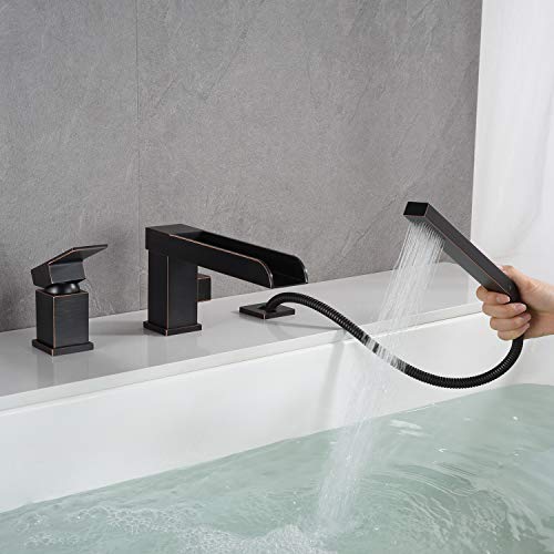 Wowkk Waterfall Roman Tub Faucets Deck Mount Oil Rubbed Bronze Bathtub Faucets Brass Tub Filler Bathroom Faucets With Hand Shower #TOP5