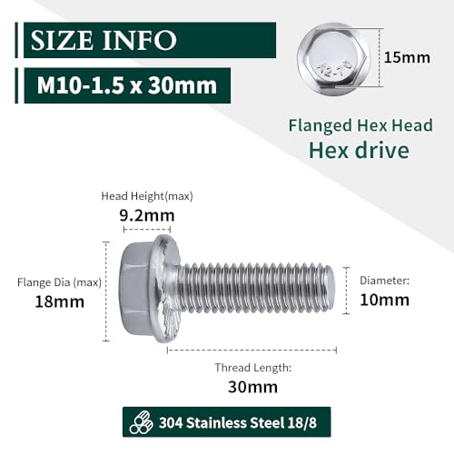Image of M10-1.5 x 30mm Hex Flange Bolt (1.18 inch Thread Length), DIN6921, Serrated Locking Flange, 304 Stainless Steel, UNC Full Thread, 10-Pack