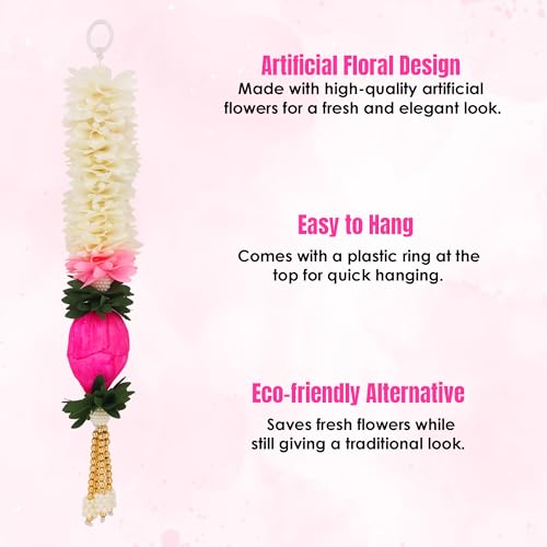 Image of Akaar Decor Lotus Hanging Gajra Set of 8 (10 Inch) | Off-White Floral Wall Hangings | Diwali Backdrop, Temple & Pooja Room Decor