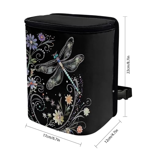 Image of Talayituse Dragonfly Flower Print Car Trash Can with Lid, Leak Proof Auto Trash Bag Hanging Vehicle Garbage Can Multipurpose Storage Container for Back Seat Road Trip