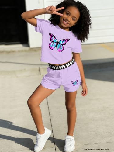Image of Betusline Girls Summer 2 Piece Outfits,Kids Short Sleeve Crop Top & Shorts Set with Side Pockets