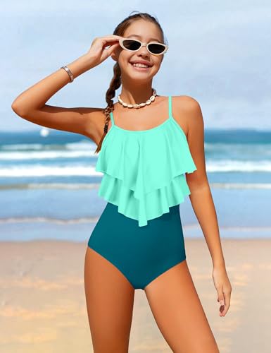 Image of Girls Swimsuit Color Block One Piece Swimsuit 2-Tiered Ruffle Bathing Suit Adjustable Strap Girls' Swimwear 7-16Y