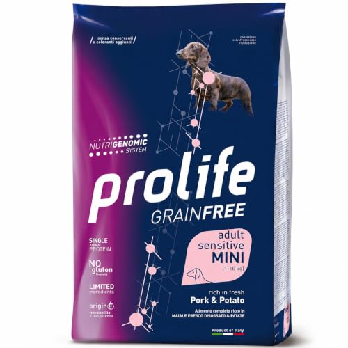 Prolife Crocchette per Cani Grain Free Adult Sensitive Pork & Potato Mini 7 kg – Per Cani Adulti di Piccola Taglia, Monoproteico, Senza Cereali e Senza Glutine, con Maiale Fresco Disossato e Patate