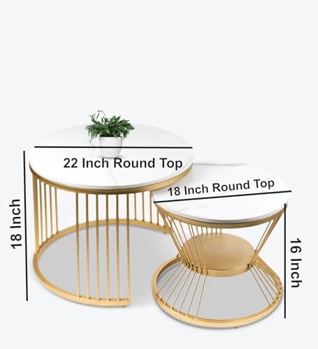 Image of Furniture Cafe Luxury Nesting Coffee Table Set of 2 - Modern Round Marble Top Accent Tables with Golden Metal Base, Living Room Centerpiece