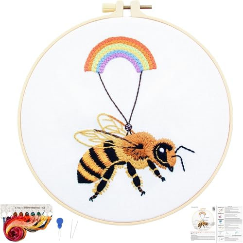 Image of Crafmanoe Cute Bees Embroidery Kits for Beginners Adults, Hand Embroidery Starters Kits, Stamped Cross Stitch Kits DIY Needlepoint Kits for Beginners Adults, Embroidery Hoop, Thread and Video Tutorial