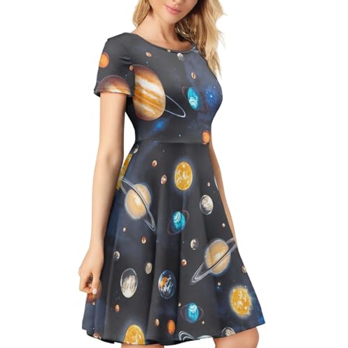 Image of Forchrinse Galaxy Colorful Planet Space Womens Dress Short Sleeve Midi Tunic Dress Plus Size Casual Elegant Formal Dress 3D Galaxy Party Sexy Sundresses for Women, Large