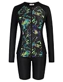 Slim Fit Full Coverage Long Sleeve Swimming Suits for Women Sun Protective Zip Front Rash Guard Bathing Suit Athletic Boyshorts Adult Mujer Palm Leaf XL