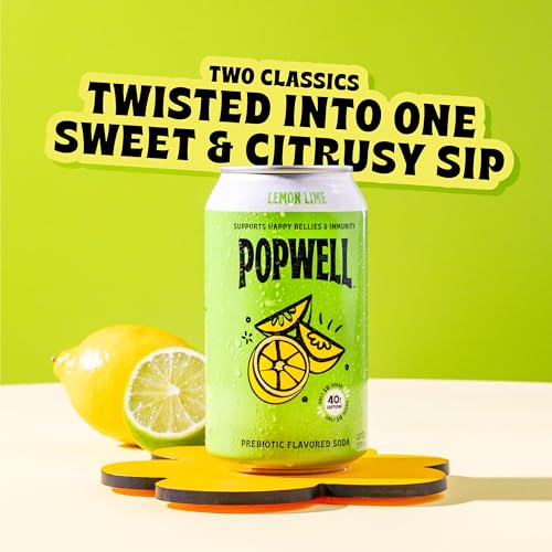 Image of Popwell Lemon Lime Caffeinated Better-For-You Prebiotic Soda, with 6g Fiber, 1g Sugar, Vitamins and Immunity Support, 12 fl oz Cans (pack of 12)