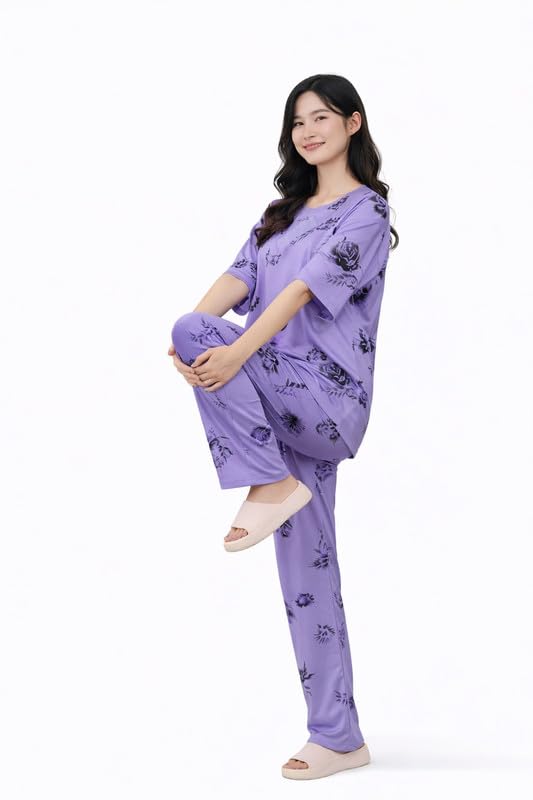 Image of Women's Pajama Set with Top & Pants|| Korean Night Wear|| Loose Fit Home Wear || Lightweight Printed Set || Soft & Comfy Girls & Women