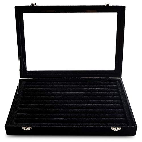 Frebeauty Rings/Earrings Organizer Tray with Clear Lid 10 Slots Velvet Drawer Insert Jewelry Storage box with Transparent Glass lid Jewelry Display Case Showcase Gift for Girls Women (Black, 10 Slots) by Frebeauty - Image 4