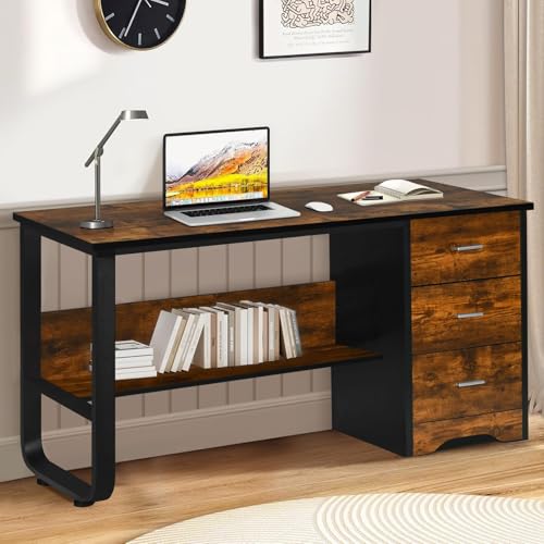 47 Inch Desk with 3 Storage Drawers, Small Computer Desk with Drawers & Bottom Shelves for Bedroom,...
