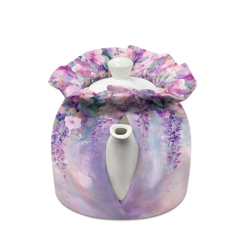 Image of Hummingbird Floral Print Tea Cozy for Teapot Insulated Thermal Tea Cozies Covers with Drawstring 6.1x6.1x6.9 Inch Teapot Insulation Cover, Kitchen Accessories, Purple