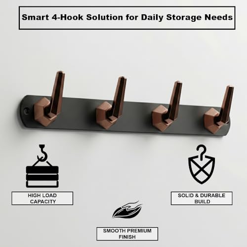 Image of Modern Design Cloth Hanger for Wall /4 Hook Dress Hanger for Door Mount /Bathroom Hooks for Hanging (Black & Cola Finish) Pack of 3-| 3 Years Warranty |