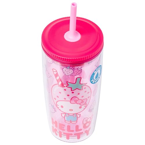 Image of Silver Buffalo Sanrio Hello Kitty Strawberry, Tumbler with Straw, 20oz | Spill Resistant Plastic, 0.59 Liters