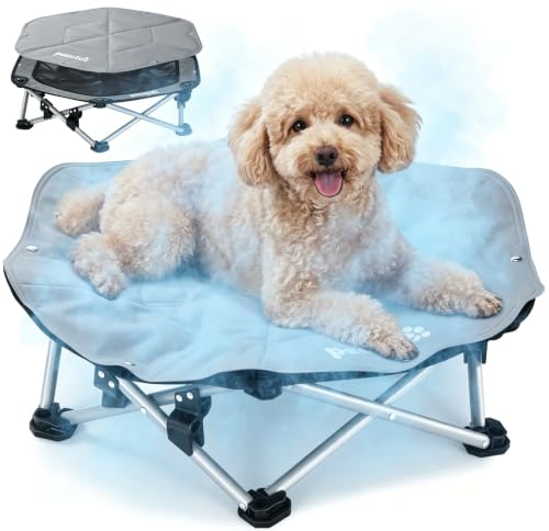 pecute Outdoor Hundeliege erhöht mit Kühlmatte Hund Selbstkühlend 3s Faltbar Haustierbett mit Abnehmbarem Kühlmatte Hunde Katzen Stabile Atmungsaktivem Hundebett in und Outdoor Camping Grau