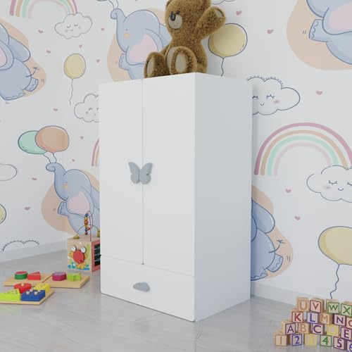 Image of VIKI Kids Wardrobe Almirah - 2 Door Kids Storage Cabinet with Hanging Rod & 1 Drawer for Bedroom, White (40x60x102 cm) | 1 Year Warranty
