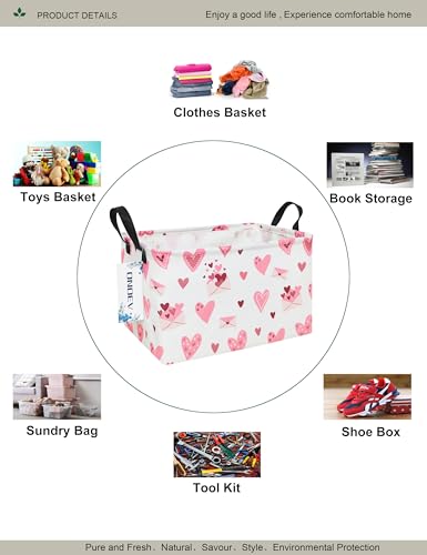Image of Rectangular Folding Laundry Basket,waterproof Canvas Basket,Gift Basket,Suitable for Children's Room,Office,Clothes,Toys Storage(Pink Love)