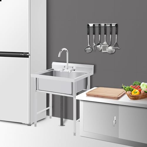 Image of Garvee Outdoor Freestanding Stainless Steel Utility Sink, Commercial Single Bowl Prep Sink with Backsplash for Kitchen, Restaurant, Laundry, Garage, Bar & Workshop - Easy Clean & Anti-Splash Design
