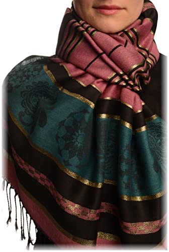 Pashmina rose doux à fils de lurex doré et franges LissKiss
