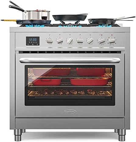KoolMore 36 Inch Dual-Fuel Range Cooktop Stove with Freestanding Legs, Convection Cooking, and Large Capacity Stainless Steel Oven, Supports NG or LG, 4.3 cu. ft. (KM-FR36DF-SS)
