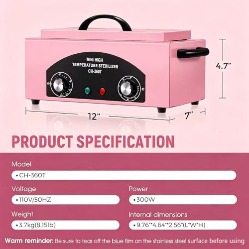 High Temperature Metal Cleaning Box,Misforu 1.5L Dry Heat Cabinet High Temp with Stainless Tray Timer and Handle for Nail Art Tool Salon Hairdressing Tool Earrings 300W (Pink) - Imagem 4