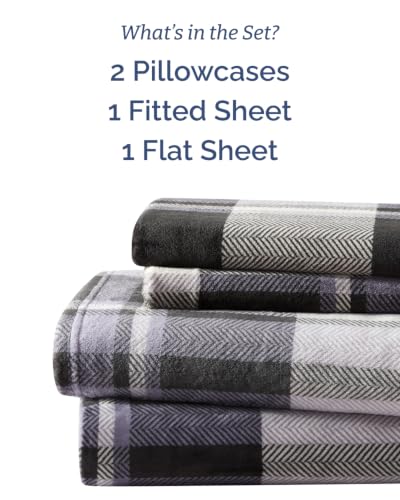 Image of Fleece Sheets Cal King Size Set - 4-Piece Flannel Sheet Set - Grey Tartan