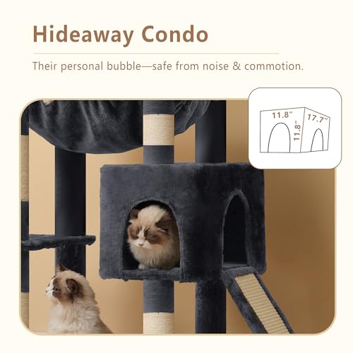 Image of Heybly 64.2 inch Heavy-Duty Cat Tree for Large Cats with Wide Base HCT027G | Indoor Cat Tower with Scratching Posts & Board, Cat Furniture with Big Platforms, Extra-Large Hammock, Smoky Gray