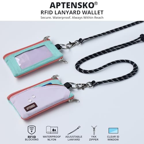 Image of RFID Blocking Travel Wallet with Adjustable Lanyard, Small Nylon Zipper Pouch and Badge Holder for ID, Credit Cards, Cash, Keys, Commuters (SoftLilac+MintAqua)