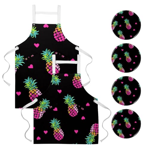 Tabliers de cuisine lot de 2 réglables imprimé ananas multicolore pour restaurant