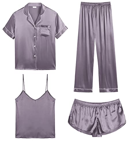 Image of SWOMOG Womens Silk Satin Pajamas Sets 4pcs Sleepwear Sexy Cami Shorts Set and Button Down Short Sleeve Pjs Loungewear Chestnut Large