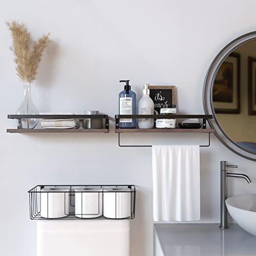 Richer House Floating Shelves With Toilet Paper Basket Set, Rustic Wall Shelves With Removable Towel Bar, Farmhouse Floating Bathroom Shelves For Kitchen And Bedroom - Rustic Brown #TOP4