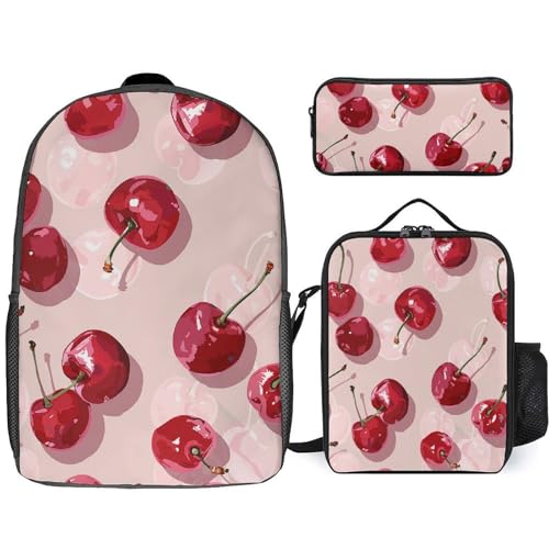 3 Piece Backpack for Women Men Lightweight Causal Daypack Shoulder Bag Set with Insulated Lunch Bag And Pencil Case Organizers With Cherry Pattern
