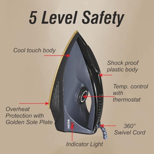 Image of BALTRA BTI-172 Sleek Dry Iron for Clothes 1000W Press, Greblon Non Stick Golden Soleplate with German Technology | Shock Proof Body | Wrinkle Free Clothes in One Shot | 2 Years Replacement Warranty