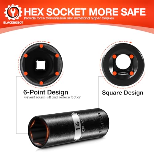 Image of BLACKROBOT 1 /2 Inch Drive 6-Point Deep Socket, 14mm Deep Impact Socket, CR-V Steel