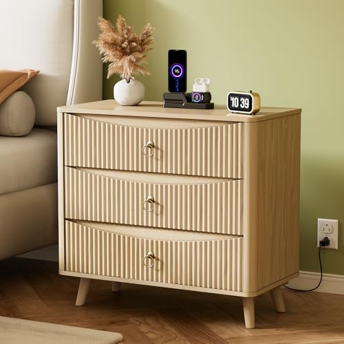 Image of Fluted Nightstand Set of 2 with Charging Station, 31.5" Wide 3 Drawers Night Stand Wood Modern Bedside Table Large Storage, Curved Edges End Table with USB TypeC for Bedroom Entryway, Natural 2 PC