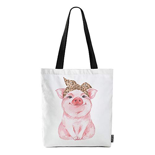 Moslion Pig Tote Bag Farm Animal Funny Cute Piggy Wearing Leopard Bandana Canvas Bag Large Shoulder Handbag Reusable Shopping Bags for Women Girls School 15x16 Inch Pink