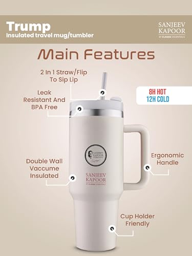 Image of Sanjeev Kapoor by Classic Essentials Stainless Steel 1200ML Tumbler with Lid and Straw, Hot and Cold Double Insulated Sipper Mug, 100% Leak Proof Coffee Tumbler Cupholder for Office (Beige)