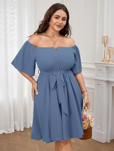 Image of SCOMCHIC Womens Plus Size Cocktail Dress Summer Off Shoulder Short Sleeve Flowy Ruffle A-Line Cute Mini Dress with Belt