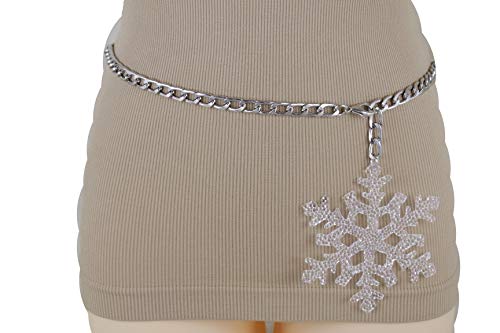 Women Skinny Fashion Belt Hip Waist Silver Metal Chain Big Snowflake Buckle XS S M3