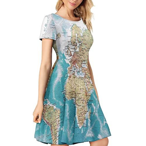 Image of POLERO Women Puffy Swing Elegant Party Midi Dresses Short Sleeve Round Neck A-Line Dress