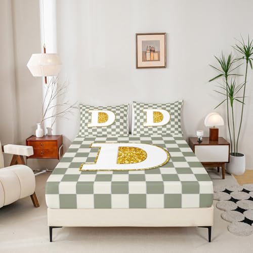 Image of Erosebridal Sage Green Checkered Bed Sheets Full Plaid Initial D Sheet Set Personalized Monogram Bedding Set for Kids Boys Girls,Fashion Grids Gingham Fitted Flat Sheets 4 Piece